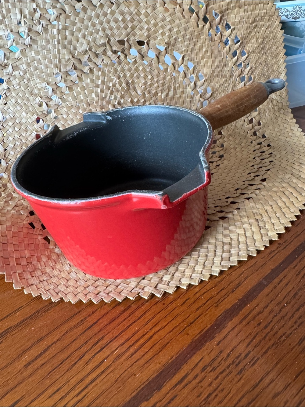 Vintage Le Creuset Castoflon Enameled Cast Iron Saucepan #16 Red Pour Spouts